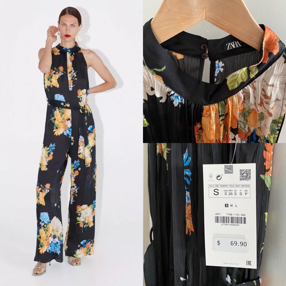 Zara semi-sheer crinkle jumpsuit, black floral